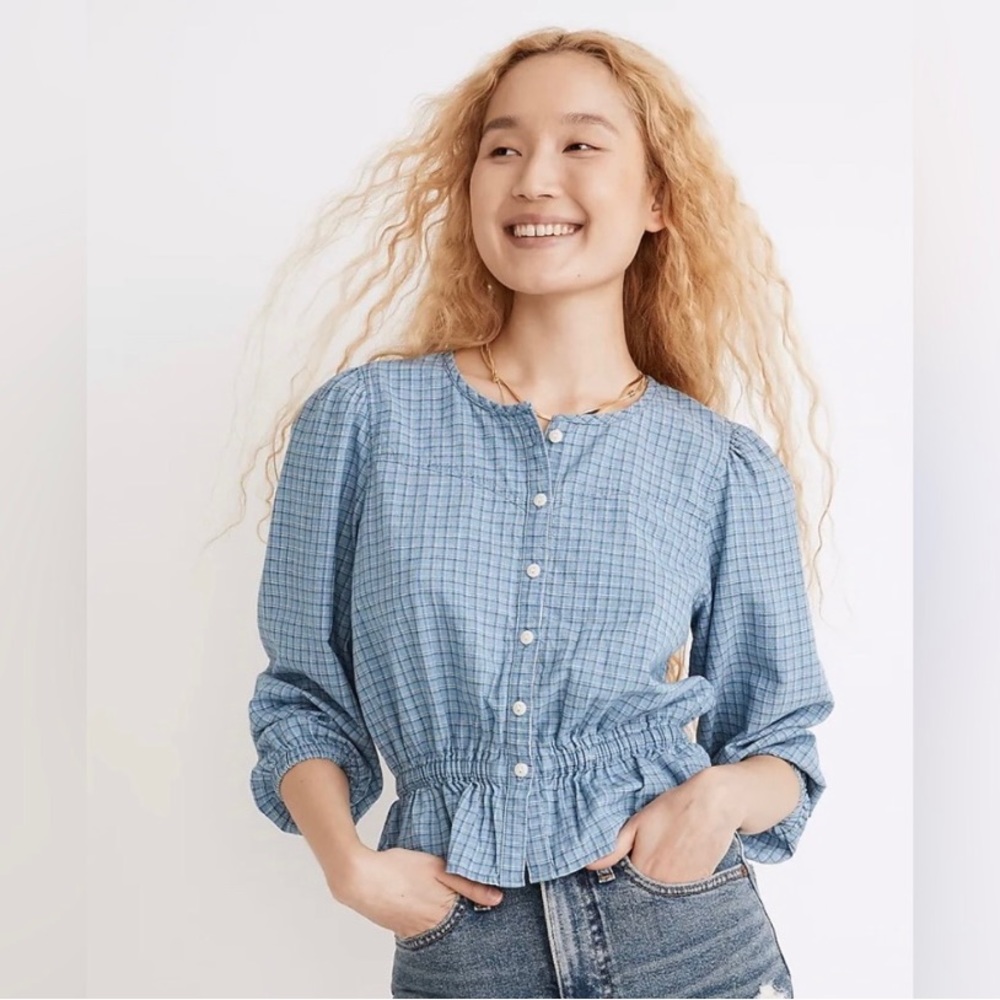 Madewell Chambray Puff-Sleeve Peplum Top in Windowpane